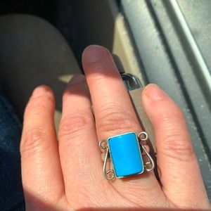 Unique 💍 rectangular turquoise aqua blue stone silver ring - fashion jewelry